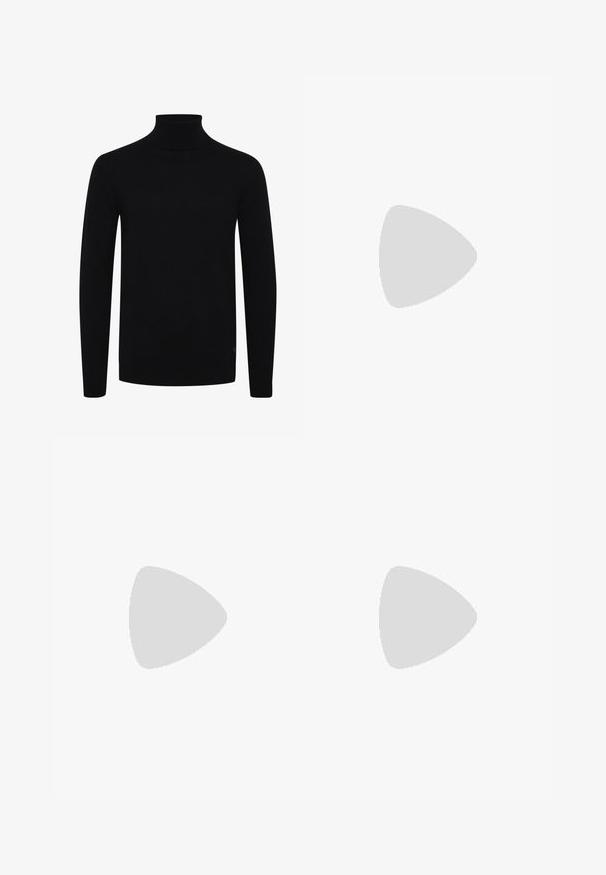 Sort rullekravetrøje med lange ærmer, ribbede kanter og bund, lavet af glat strikket stof, med et subtilt logo på den nedre side.; Sorte bukser med lige ben, lavet af et glat stof. Har frontfolder og en enkelt knaplukning i taljen.; Sorte lædermokkasiner med en glat overflade, der har en dekorativ rem og kontraststing, parret med beige bukser.; Sorte solbriller med rektangulære rammer, gråt tonede linser og en broudskæring design. Slankt, glat plastmateriale med smalle stænger.