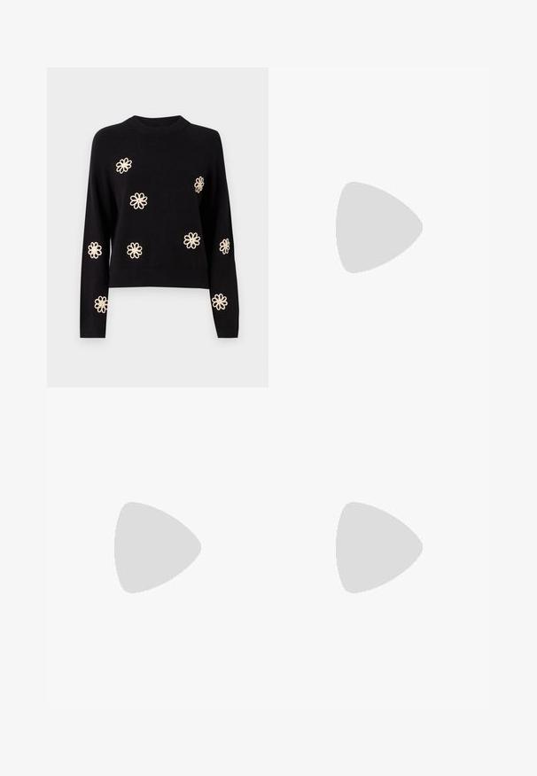 Object OBJLANEY RUBIN - Trui - black; Zwarte wijde broek van lichtgewicht stof, met een knoopsluiting aan de voorkant en een vlakke achterkant, afgewerkt met keurig gestikte zoom.; Zwarte leren sneakers met witte strepen, ronde neus, witte veters en een gumrubberen zool. Versterkt met een gevoerd kraag en merkdetails.; Zwarte zonnebril met rechthoekige monturen, blauwgetinte lenzen en een onderscheidend brugontwerp. Strakke afwerking, ingetogen textuur.