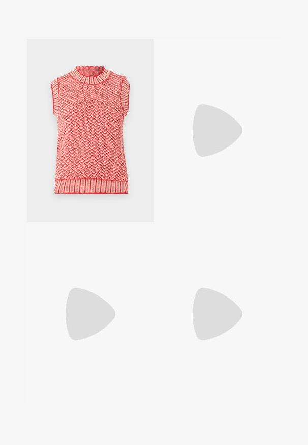 Punase ja kreemja lõngaga kootud ilma varrukateta topp kõrge kaelusega, millel on tekstuurne muster ja ribakujundused kaeluses ja allääres.; Levi's® ANKLE COLUMN SKIRT - Maksiseelik - wave hello; Valge kõrgem kangast tenniseking, millel on must kummist tald, ees kummist varvasetugi ja kuus aukku paelte jaoks, pakkudes puhta ja minimalistliku disaini.; Punane nahast käekott, millel on nurkadega geomeetriline disain. Omab ühte reguleeritavat rihma ja klappidega sulgemist, millel on õmblustega kaunistused.