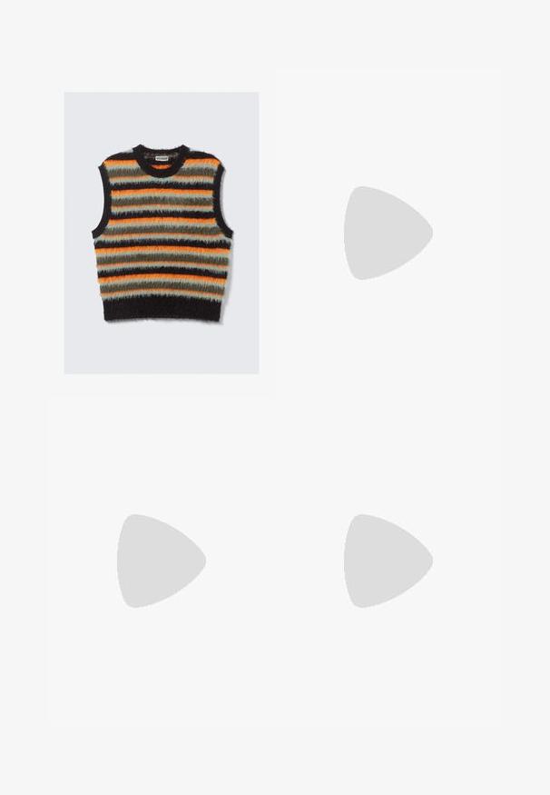 Sleeveless fuzzy knit vest with horizontal stripes in black, orange, olive green, and light gray, featuring a round neckline.; Long-sleeve white cotton t-shirt with a crew neck and ribbed cuffs. Simple, unembellished design, featuring smooth texture and standard fit.; Black wide-leg jeans made of denim with a smooth texture. Features a high waist, front pockets, and button closure at the waistband.; Black leather sneaker with a smooth texture, round toe, and flat laces, positioned above a wooden surface with green grass in the background.