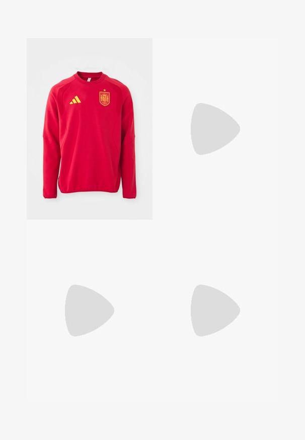 Sarkans džemperis ar garām piedurknēm, apaļu kaklu, teksturētām plecu daļām, dzeltenu Adidas logotipu un dzeltenu Spānijas nacionālās komandas emblēmu.; Balts sporta T-krekls ar īsām piedurknēm, izgatavots no mitrumu absorbējoša auduma. Tam ir melns logo kreisajā krūtī un rakstains iekšējais apkakles piegriezums.; Melnas sporta bikses ar stiepjas jostu, baltām sānu svītrām un mazu baltu logo uz augšstilba. Izgatavotas no gludas, vieglas materijas.; Melnas sporta kurpes ar teksturētu acu augšdaļu, baltām akcentu svītrām, mīkstu zoli un pastiprinātu papēdi atbalstam.