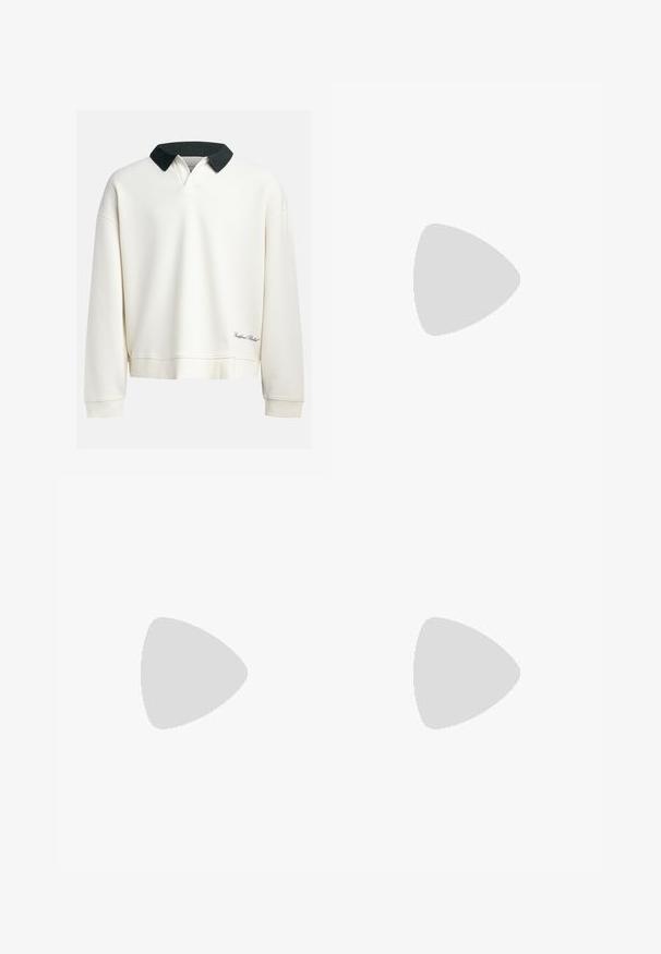 Crew-neck pullover in off-white cotton with a contrasting dark green collar. Features ribbed texture and embroidered logo near the hem.; White cotton t-shirt with short sleeves, rounded neckline, relaxed fit, and no visible logos or patterns. Smooth texture and minimal design.; High-waisted, loose-fitting jeans in faded black denim. Features five pockets, belt loops, and a clean, straight leg design.; Gray and white sneaker with a suede and leather upper, rounded toe, flat laces, and a rubber sole featuring a gum accent.