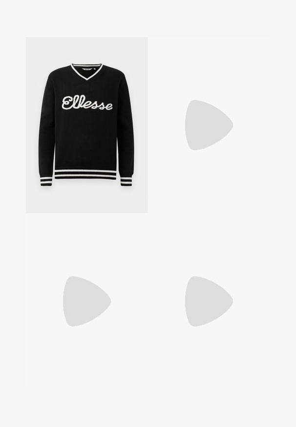 Sweater preto com decote em V, apresentando o logo branco "Ellesse" no peito e riscas brancas na gola, punhos e barra.; Calças de fato de treino pretas, com cintura elástica e um corte solto, com punhos nas pernas, textura suave e sem padrões visíveis ou detalhes de metal.; Sapatilha Nike Air Max 90 branca com parte superior em malha e couro, caixa de dedos perfurada e uma unidade de ar visível no calcanhar.; Óculos de sol pretos com acabamento mate, lentes retangulares, leve curvatura nas hastes, detalhe sutil do logo e lentes de cor fumada.