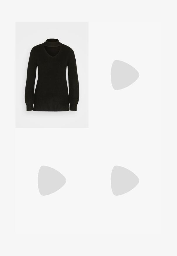 Anna Field Pulóver - black; Fekete, bő szárú farmernadrág magas derekkal, klasszikus öt zsebes kialakítással és enyhe kopással. Tartós anyag, sima textúrával.; Fekete bőr, hegyes orrú magassarkú cipő boka pánttal és vastag sarokkal. Sima textúra, elegáns dizájn és minimális esztétika.; Fekete bőr hobo táska sima textúrával, ívelt formával és egyetlen állítható pánttal; széles nyílás található a tetején.; 16 darab ezüst karkötő különböző textúrákkal, köztük sima, csavart és gyöngyös mintázattal, négy sorba rendezve, fehér háttér előtt.