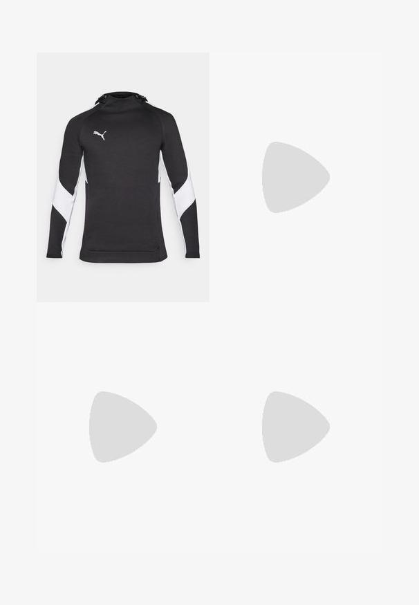 Zwarte sportieve hoodie met een hoge kraag, witte accenten op de mouwen en een klein logo in zilver. Zachte textuur, getailleerd ontwerp.; Zwarte sport T-shirt met gouden accenten op de mouwen en zijkanten. Voorzien van een ronde hals, korte mouwen en vochtregulerende DRYCELL-stof.; Zwarte sportbroeken met gele logos van Borussia Dortmund BVB 09 en Puma King, een elastische tailleband en gestreepte gele zijpanelen.; Puma sneakers in wit en zwart suède, met een bruine rubberen zool. Gecombineerd met witte sokken met een zwart logo, gedragen met donkere broek.