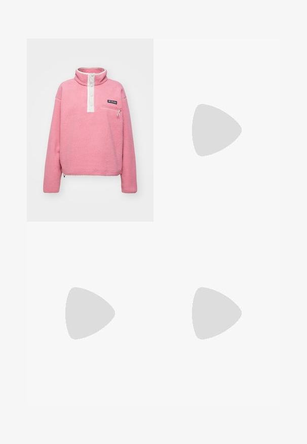 Columbia HELVETIA™ II CROPPED HALF SNAP - Fleecegenser - pink agave; Svart langermet T-skjorte laget av bomull med rund hals. Har en liten hvit logo på venstre brystområde. Enkelt design og passform.; Svarte nylon cargo-bukser med glidelås og justerbare mansjetter, flere lommer og en logo på høyre bein. Glatt, lett tekstur.; Beige og krem joggesko med teksturert mesh-overdel, støttende overlegg og gummisåle med et mønster for godt grep.