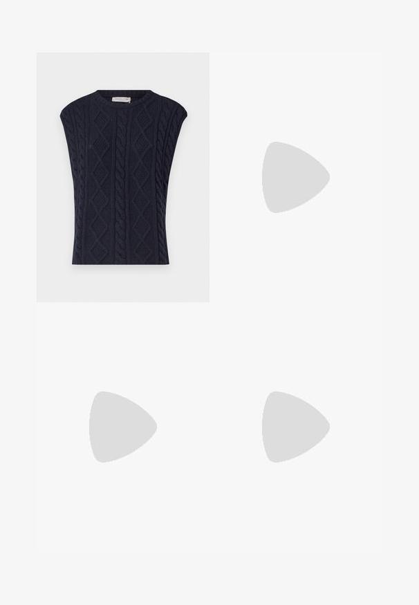 Navy blue knit pullover with a textured cable pattern, diamond shapes, and wide cap sleeves. Round neckline, soft wool blend material.; Light blue denim jeans with a high waist, wide-leg cut, two side pockets, and pleated design feature. Soft texture with a faded finish.; Black leather block-heeled sandal with a wide strap across the toe and an adjustable ankle strap, featuring a sleek, minimalist design.; Black handbag with dual short handles and a removable shoulder strap. Smooth leather-like material with a zip closure and logo detail.