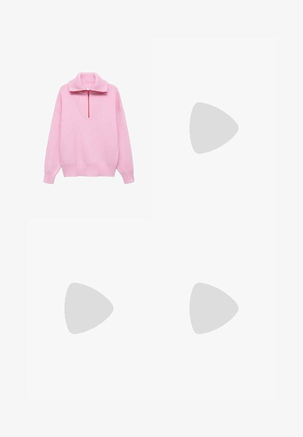 Roze gebreide trui met hoge kraag, voorzien van een rits aan de voorkant en een geribbelde textuur. Losse pasvorm met geribbelde manchetten en zoom.; Polo Ralph Lauren COTTON CORDUROY WIDE-LEG PANT - Broek - warm white; Zwart-witte sneakers met een zwart-grijs patroon, voorzien van een witte rubberen neuskap en zool, zwarte veters en een gestructureerd bovenwerk.; Bruine lederen schoudertas met textuur, voorzien van een gouden kettingstrap en klepsluiting. De voorkant heeft een logo-detail en een zak onder de klep.