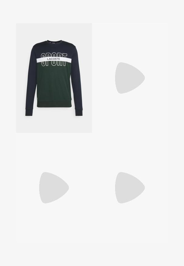 Sudadera de manga larga verde y azul marino con franjas horizontales blancas, con los logotipos de "SPORT" y "LACOSTE" en impresión gruesa. Material de punto suave.; Camiseta de algodón negra con cuello redondo, mangas cortas y un pequeño logo de cocodrilo verde en el lado izquierdo del pecho. Textura suave, diseño casual.; Pantalones de chándal blancos con cintura elástica, que cuentan con franjas laterales negras y puños. Hechos de un tejido suave con una textura lisa.; Zapatilla deportiva negra con una parte superior texturizada, tres franjas horizontales y una suela blanca con un dibujo en su superficie. Diseño ligero y aerodinámico.