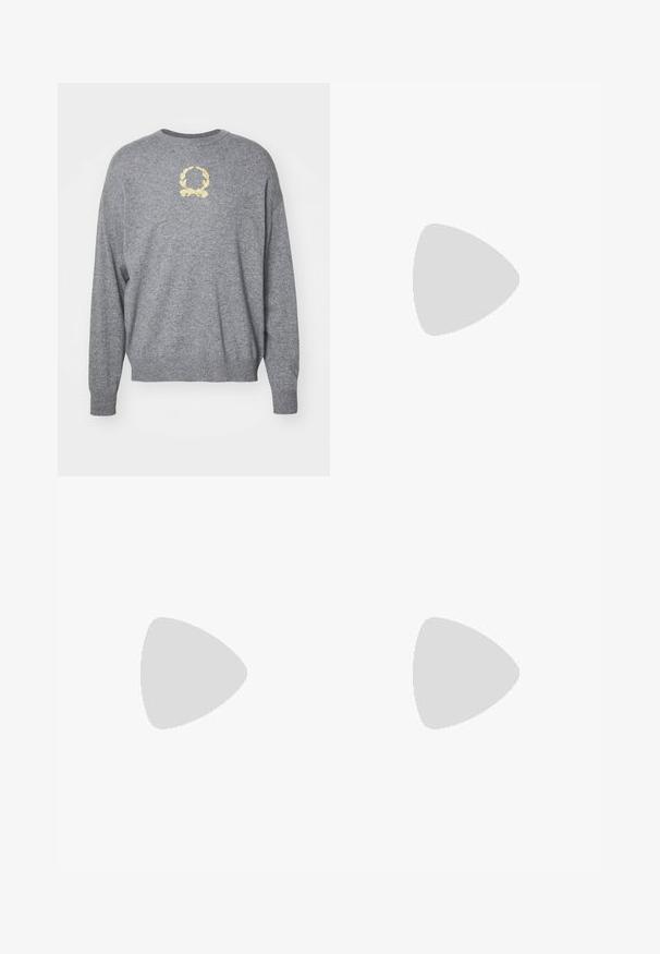 Gray knitted sweater with a round neck, featuring a yellow embroidered laurel design at the chest and ribbed cuffs and hem.; Black cotton t-shirt with a crew neckline. Features a small white graphic design on the chest. Short sleeves and straight hem.; Black tailored trousers with a wide-leg design, featuring a smooth texture and sharp creases, made from a woven fabric.; Sneakers made of white textile with tan suede and black leather accents, featuring a rounded toe, flat lace-up design, and textured sole.