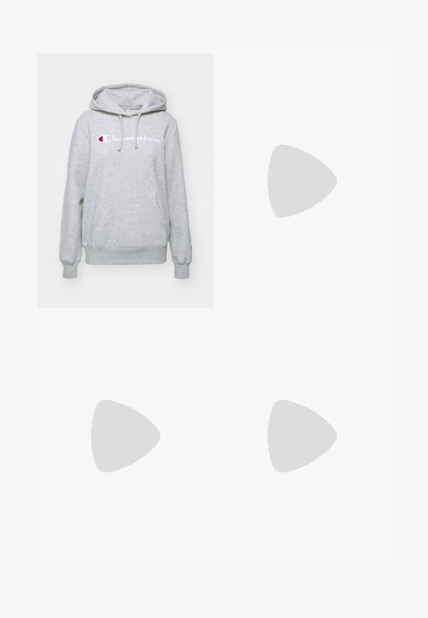 Champion ICONS CONTRAST LARGE LOGO - Sweatshirt - grey melange; Weißes, kurzes T-Shirt aus weichem Stoff, mit kurzen Ärmeln und rundem Ausschnitt. Schwarzes Logo auf der linken Brust.; Weiße Sportschorts mit elastischem Bund und einstellbarem Kordelzug. Hergestellt aus leichtem Material, mit seitlichen Taschen und lockerer Passform.; Beige Sportsschuh mit pinkem Dreistreifen-Logo, strukturiertem Mesh-Obermaterial, gepolstertem Schaft und weißer Gummisohle, mit "LIGHTSTRIKE"-Branding.