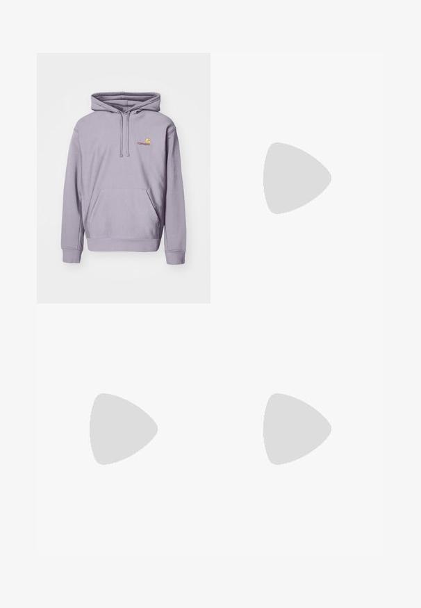 Purple hoodie made of cotton blend, featuring a central kangaroo pocket, drawstring hood, and embroidered logo on the chest.; White long-sleeved T-shirt made of cotton. Crew neck design with ribbed cuffs and a small logo on the left sleeve. Smooth texture.; Gray corduroy pants with a wide-leg design, featuring vertical ribbing, a button closure, and two front pockets.; Gray athletic shoe featuring a mesh and suede upper, white accents, a cushioned sole, and a distinctive design with reflective elements.