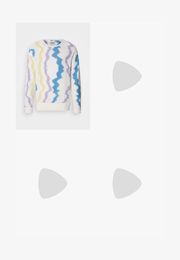 Weißer Pulli mit Zickzackmuster in Gelb, Helllila und Blau. Hat einen runden Ausschnitt sowie gerippte Bündchen und Saum. Hergestellt aus strukturiertem Strickstoff.; Schwarze Cargo-Hosen aus strapazierfähigem Material, mit Seitentaschen, Knopfverschluss und schlankem Design. Glatte Textur mit minimaler Detailgestaltung.; Weiße Leder-Sneaker mit Perforationen, runder Zehenpartie, flacher Sohle und dicken Schnürsenkeln, mit sichtbar eingesticktem Swoosh-Logo und "AIR" an der Ferse.; Silberner Armbanduhr aus Edelstahl mit einem dunkelblauen Zifferblatt, metallischen Stundenmarkierungen und einem Datumsfenster bei 3 Uhr. Wasserdicht bis 50 Meter.
