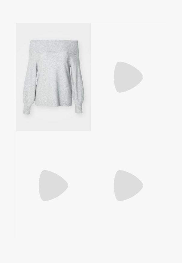 Ljust grå off-shoulder stickad tröja med ribbad halsringning och manschetter, med en avslappnad passform och mjuk textur.; Tre långärmade tröjor staplade: svart, grå och vit. Var och en har en rund halsringning och en kort design med mjukt, lätt material.; Grå, vida byxor gjorda av texturerad tyg. Dessa har en knappstängning och bältesöglor, vilket ger en skräddarsydd passform med en formell design.; Grå mocka sneakers med vita snören, svarta ränder och en vit gummisula. Har en rund logo på tungan och en gummisula.