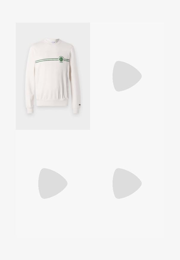 Sudadera blanca de cuello redondo hecha de algodón, con un patrón de rayas verdes y un logotipo en el pecho. Puños y dobladillo acanalados.; Camiseta de algodón blanca con cuello redondo y mangas cortas, con un logo negro "Porsche BOSS" en la parte izquierda del pecho.; Pantalones casuales verde oliva hechos de una tela suave, con cintura elástica, bolsillos laterales y un diseño de pierna recta.; Zapatillas de ante verde con una suela de goma blanca, que presentan una lengüeta y cordones blancos, y un logo sutil con "EST. 1933" en el lateral.
