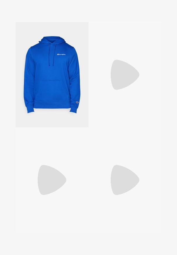 Champion ICONS HOODIE SMALL LOGO - Felpa con cappuccio - blue; T-shirt bianco in cotone con collo rotondo, maniche corte e logo "Champion" ricamato in nero sul petto e sull'accento della manica.; Champion ICONS TONAL CUFF LARGE LOGO - Pantaloni sportivi - foggy; Scarpa sportiva grigia chiara con dettagli neri, tomaia in rete testurizzata, suola imbottita e chiusura con lacci. Presenta un linguetta sul tallone.