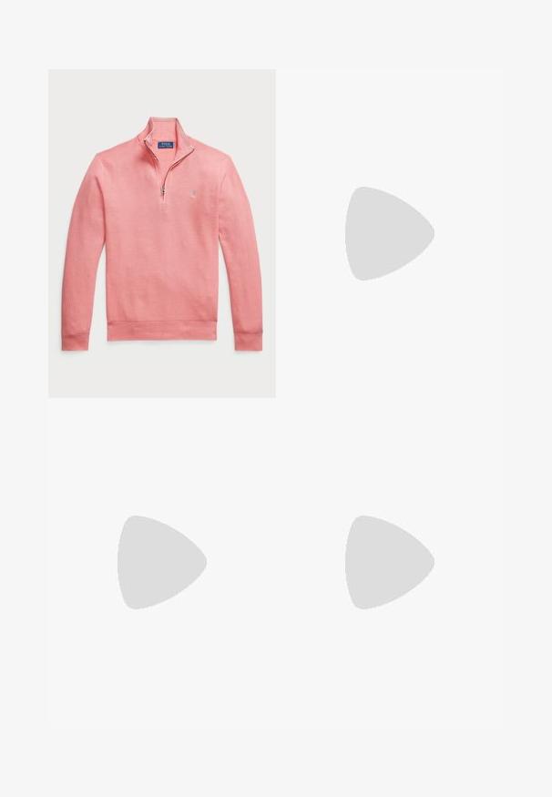 Lichtroze pullover trui met een kwart-rits kraag. Heeft ribgebreide manchetten en zoom, gemaakt van textuurgebreide stof met een klein logo op de borst.; Beige langemouwen shirt gemaakt van een katoenmix. Heeft een button-down kraag, zeven knopen aan de voorkant en een klein geborduurd logo op de linkerborst.; Beige katoenen chino's met een rechte pasvorm, riemlussen en zijzakken. Recht model met een gladde textuur en een lichte, ademende gevoel.; Witte leren sneakers, laag model, met een gladde textuur, ronde neus, vetersluiting aan de voorkant en een klein geborduurd logo aan de zijkant.