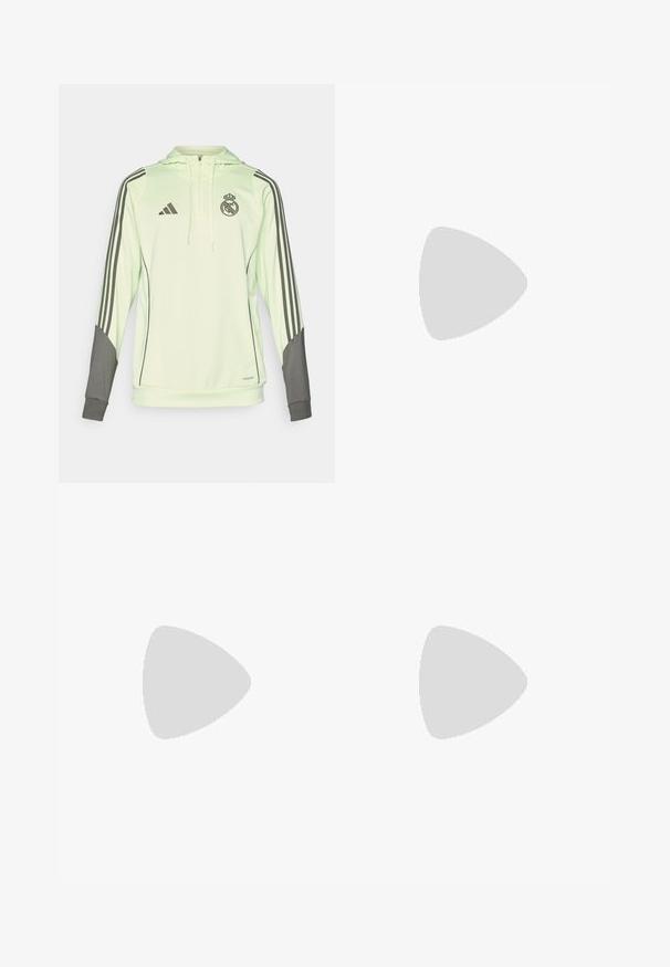 Sudadera con capucha de color verde claro con acentos grises, con tres franjas negras en las mangas, logo de Adidas y escudo del Real Madrid.; Camisa polo blanca con rayas negras, con cuello abotonado y logo del club bordado con acentos dorados en el pecho.; Pantalones deportivos negros con un ajuste relajado, que cuentan con franjas laterales blancas, una cintura con cordón y dos bolsillos laterales. Hechos de tela suave.; Zapatillas deportivas blancas con una parte superior de malla texturizada, suela acolchada y soporte, y un diseño de tres rayas en el lateral.