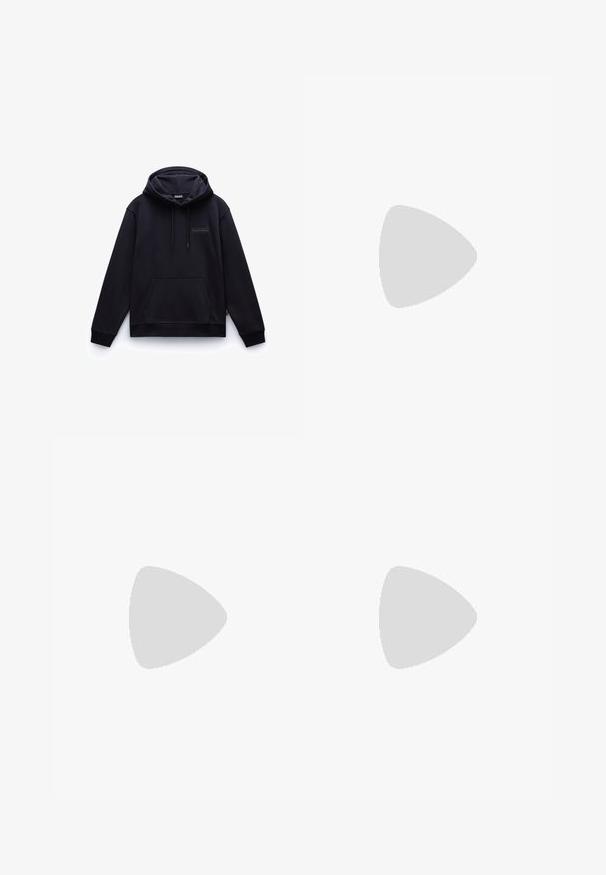 Sudadera azul marino con un bolsillo frontal tipo pouch, capucha ajustable y un logo sutil en el pecho. Textura suave y corte relajado.; Tres camisetas sin mangas de algodón de color blanco con canalé. Cuentan con cuello redondo y pequeñas etiquetas negras cerca del dobladillo. Disponibles en múltiples tamaños.; Pantalones ligeros verdes hechos de una tela texturizada. Cuentan con una cintura elástica con cordón, bolsillos laterales con cremallera y cremalleras en los tobillos.; Zapatilla deportiva gris con parte superior de malla y ante, acentos blancos, suela acolchada y un diseño distintivo con elementos reflectantes.