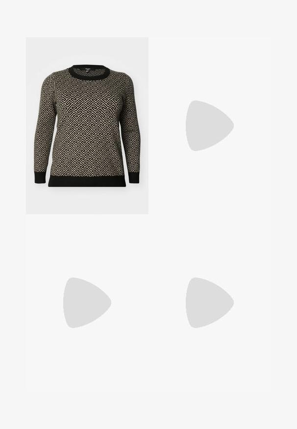 Sweter w czarno-beżowy wzór z długimi rękawami, okrągłym dekoltem oraz geometrycznym wzorem z kontrastującymi ściągaczami przy rękawach i u dołu.; Pięć koszulek na ramiączkach w kolorach granatowym, białym, szarym, czarnym i czarnym, z cienkimi regulowanymi ramiączkami i dopasowanym krojem, wykonane z gładkiej bawełnianej tkaniny.; Czarne spodnie typu wide-leg wykonane z lekkiego materiału. Posiadają elastyczny pas z troczkiem i białe paski po bokach. Logo marki na biodrze.; Czarno-białe buty sportowe z zamszowej i skórzanej cholewki, z trzema białymi paskami i gumową podeszwą. Para noszona z białymi skarpetkami.; Srebrne okulary przeciwsłoneczne o eleganckim, owiniętym kształcie. Przezroczyste soczewki i fakturowane czarne akcenty na ramionach. Wykonane z lekkiego tworzywa sztucznego.; Srebrne kolczyki w formie kółek o gładkim, polerowanym wykończeniu. O okrągłym kształcie i pewnym zapięciu na klik. Lekka konstrukcja odpowiednia do codziennego noszenia.
