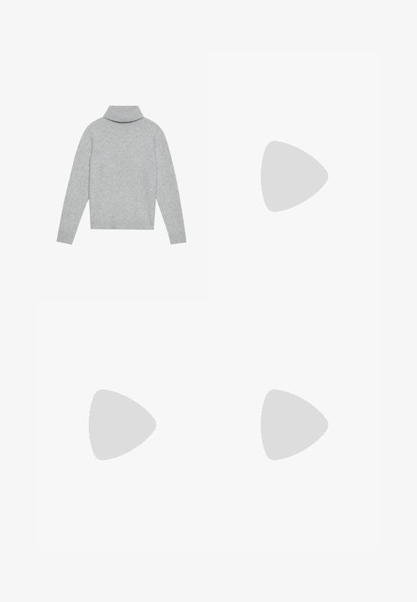 Hellgrau gestrickter Rollkragenpullover mit geripptem Kragen und Bündchen, aus weichem Material gefertigt. Hat eine lockere Passform und eine einfarbige Optik.; Beige Cargo-Hosen aus Baumwolltwill mit mehreren Seitentaschen, geradem Bein Design und einem Reißverschluss mit Gürtelschlaufen.; Weiße Sneakers mit hellblauen Akzenten, Obermaterial aus Leder, perforierte Zehenpartie, dicke Schnürsenkel und gerippte weiße Socken vor einem blauen Hintergrund.; Braune rechteckige Sonnenbrille mit getönten Gläsern, Kunststoffrahmen und Metallelementen an den Seiten. Bietet ein elegantes Design und eine glatte Textur.
