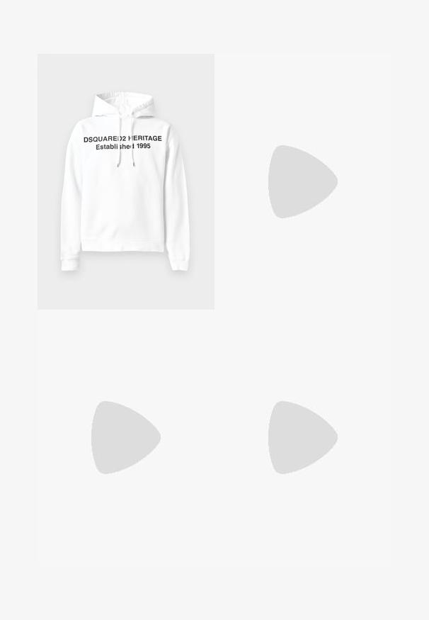 Hvid hoodie med en frontkangaroo lomme, snører i hætten og sort tekst: "DSQUARED2 HERITAGE Etableret 1995." Blødt stof.; Filippa K TERRY CROPPED TROUSERS - Bukser - sage melange; Hvide lædersneakers med en glat overflade, rund tå, flade snørebånd og en tekstureret sål. Har et diskret logo på hælen.; Sorte runde solbriller med mørke linser og slanke metalarme. Inkluderer klare tempeltips og sølvdetaljer ved hængslet. Minimalistisk design.