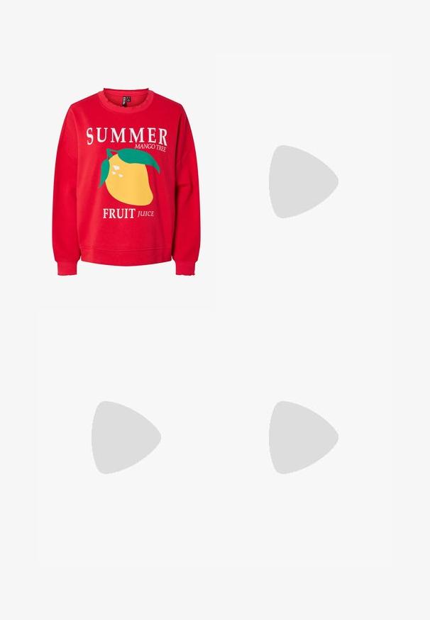 Red sweatshirt featuring a large yellow mango graphic with green leaves, and white text reading "SUMMER MANGO TREE FRUIT JUICE."; Light blue, high-waisted jeans made of denim. Feature wide legs, two torn knee areas, and classic five-pocket styling.; White high-top canvas sneaker with black rubber sole, front rubber toe cap, and six eyelets for laces, featuring a clean, minimalist design.; Red leather handbag with an angular, geometric design. Features a single adjustable strap and a flap closure with stitched detailing.