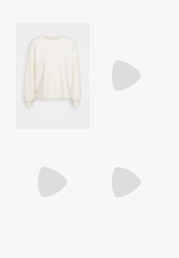 Cream-colored sweatshirt made of textured fabric, featuring long sleeves, a round neck, and ribbed cuffs, with a relaxed fit design.; Brown wide-leg trousers in cotton blend, featuring a frayed hem, front button closure, and classic five-pocket design. Minimalistic and versatile.; Black flip-flop featuring a textured rubber sole, two slender straps, and a subtle, embossed logo detail on the strap.; Mango Tote bag - dark brown