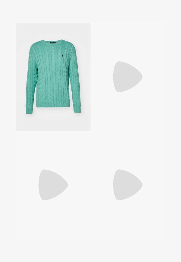 Mintgrønn strikket genser med en kabelstrikkedesign, rund hals og ribbestrikkede mansjetter og hekk. Liten logoaksecent på brystet.; Hvit bomulls t-skjorte med korte ermer, rund hals og et grafisk trykk som viser teksten "Carhartt WIP" og en matillustrasjon på brystet.; Blå høyhalsede vide denimjeans med frontlommer, belteholdere, knappelukking og liten Adidas-logo på høyre lår.; adidas Originals ADIDAS GAZELLE SHOES - Innendørsfotballsko - real madrid/bluebird/footwear white/crew yellow