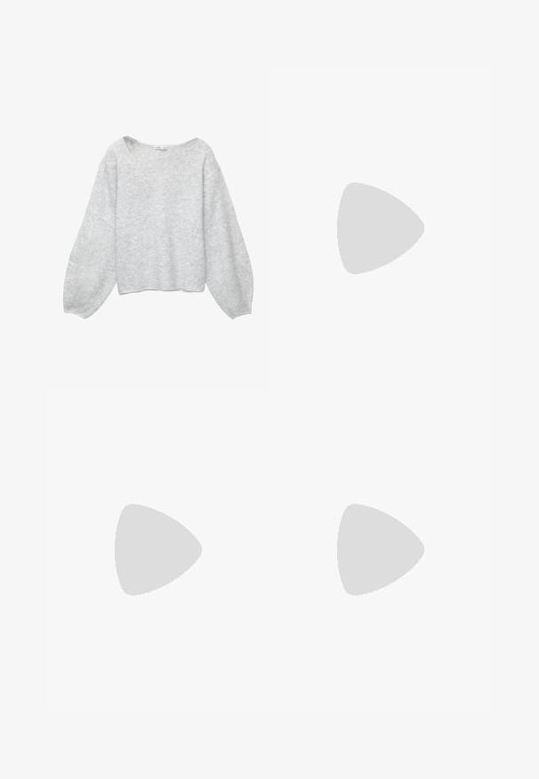 Svetlo šedý, voľný sveter z jemného materiálu, s výstrihom do V, širokými rukávmi a skráteným lemom.; Čierne nohavice s širokými nohavicami a vysokým elastickým pásom, vyrobené z mäkkého materiálu s voľným strihom, vhodné na neformálne nosenie alebo relaxačné prostredie.; Čierne tenisky Adidas Superstar s bielymi pruhmi, špičkou v tvare mušle a textom "Superstar" na boku, zobrazené v bočnom profilu na bielom pozadí.; Obdĺžnikové okuliare s korytnačkovým vzorom, čierny plastový rám a priehľadné šošovky. Vlastnosti tenkých spôn a mierny ohyb na koncoch.