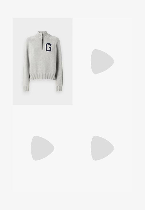 GAP LOGO HALF ZIP - Trui - grey; Roze gebreide rok met een aansluitende tailleband en een uitlopende vorm, gemaakt van zachte stof die een soepele textuur toevoegt.; Roze en beige New Balance 740 sneaker met een bovenwerk van mesh en kunstleer, vetersluiting en een gevoerde zool, weergegeven in zijprofiel.; Roze gepatineerde lederen handtas met een rechthoekige vorm, afneembare kettingriem en zilveren hardware detail aan de voorkant.