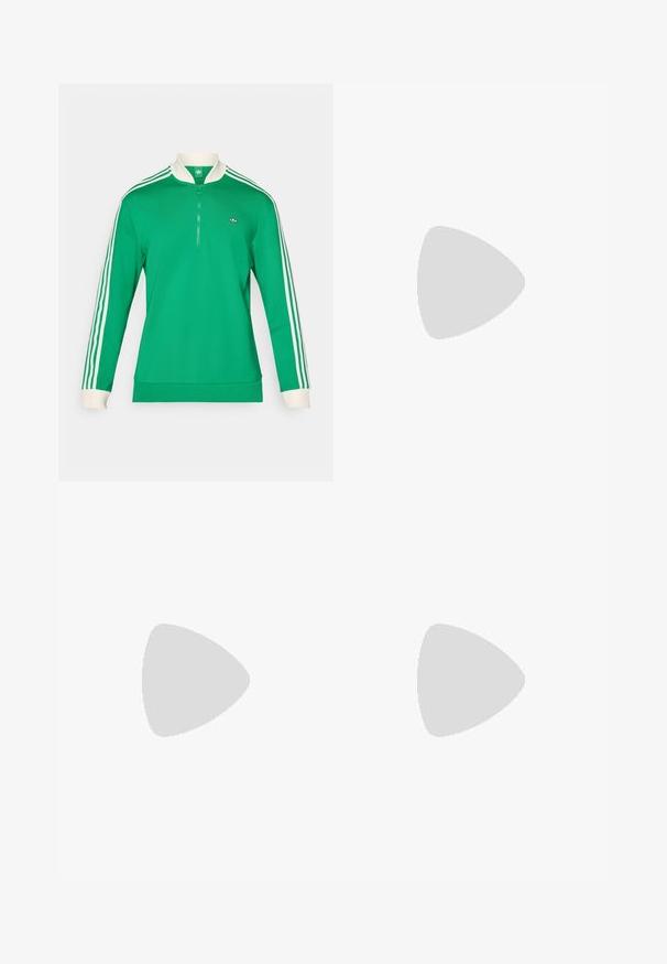 Pulover verde cu mâneci lungi, guler cu fermoar pe jumătate, accente albe și trei dungi albe pe fiecare mânecă; are un logo mic pe piept.; Pantaloni negri din nailon, cu un elastic la talie, având un finisaj ușor și texturat, cu accente pe cusături pentru un design modern.; Adidași negri și albi cu un superior din suede și piele, prevăzuți cu trei dungi albe, un vârf perforat și o talpă din cauciuc caramel.; Geantă de umăr din material textil negru, cu închidere cu fermoar, având un logo Adidas alb și o curea ajustabilă cu dungi pentru o transportare ușoară.
