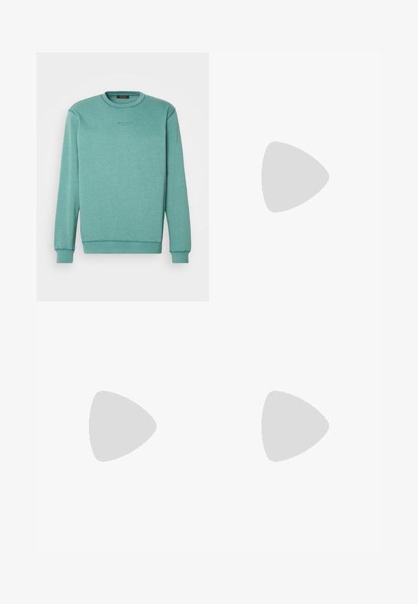 Light teal sweatshirt with a crew neck, long sleeves, and contrasting stitching. Features the text "Wear The Code" in a subtle print.; Brown cargo pants with two side pockets, a flat front, and a straight leg cut. Made from a durable fabric with a smooth texture.; Black athletic sneakers with glossy and mesh textures, featuring a thick sole and laces, paired with loose olive-green cargo pants.; Brown leather duffel bag with two front pockets, adjustable shoulder strap, gold hardware, and sturdy top handles. Smooth texture.