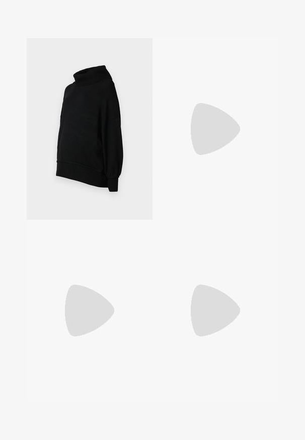 Maglione a collo alto nero con vestibilità ampia, texture a coste e maniche a palloncino. Realizzato in un tessuto morbido con un orlo che arriva in vita.; Jeans premaman con gambe in denim blu e un pannello addominale elastico nero progettato per sostenere e coprire una pancia in crescita.; Sneaker bianco realizzato in materiale sintetico liscio, con punta arrotondata, design con lacci, suola piatta e delicati dettagli perforati.; Borsa tote in vera pelle marrone con doppie maniglie, presenta cuciture a contrasto e un design spazioso, adatta per l'uso quotidiano.