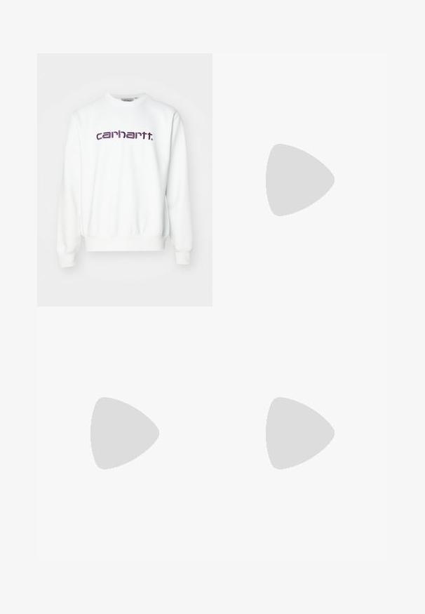 Felpa bianca con colletto rotondo, polsini e orlo a costine. Presenta il logo "carhartt." ricamato in viola sul davanti. Realizzata in tessuto morbido.; T-shirt bianca in cotone con scollatura rotonda, maniche corte e un piccolo logo nero "W.W." sul lato sinistro del petto. Tessuto liscio, vestibilità regolare.; Pantaloni utility in cotone marrone con design a gamba dritta, dotati di tasche anteriori e dettagli in metallo per una maggiore durata.; Sneakers neri in tela con punte e lacci bianchi in gomma. Le cuciture a contrasto e i fori in metallo aggiungono dettagli. Indossati con pantaloni beige e un tessuto nero.
