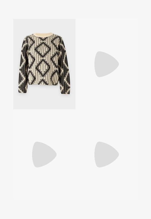Black and cream patterned sweater featuring a geometric diamond design, round neckline, and long sleeves with ribbed cuffs.; Next Denim shorts - camo print; Brown leather ballet flat with a rounded toe and small block heel. Features a thin bow at the front and subtle stitching details.; Tortoiseshell sunglasses with oval frames and green lenses. Features thin arms with a metallic accent near the hinges.; Woven yellow handbag with a curved top handle and an unstructured shape. The textured surface features a crisscross pattern throughout.