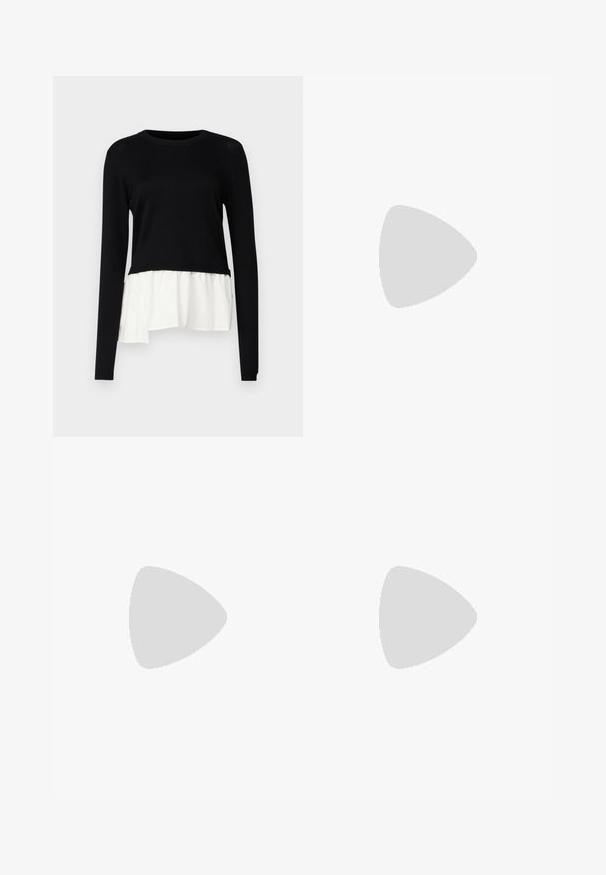 Maglietta nera a maniche lunghe con orlo arricciato bianco a contrasto, scollo rotondo e texture morbida. Disegnata con una vestibilità relaxed.; Pantaloni neri a gamba larga realizzati in morbido velluto, dotati di una cintura elastica e una superficie liscia, senza dettagli o motivi visibili.; Décolleté in vernice nera con punta affusolata e tacco in geometria cubica. Presentano un design elegante e minimalista, con una texture liscia.; Borsa tote in pelle nera con texture liscia, forma rettangolare e due manici lunghi. Nessun hardware o decorazione visibile.