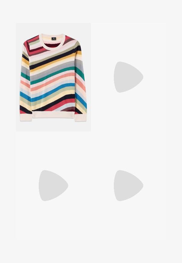 Mitmevärviline sviiter horisontaalsete triipudega roosa, sinine, roheline, kollane ja punane. Omab ümmargust kaelust ja soonikkuvart. Pehme kudumise tekstuur.; Mustad laiad püksid siledast kangast viimistlusega, millel on kindel vööpoolsus ja pressitud kortsud, et saavutada kvaliteetne välimus.; Paul Smith AMIRA - Klassikalised kontsakingad - black; Pruun nahast õlakott, millel on kaarjas kuju, sile tekstuur ja üks õhuke rihm. Omab peent õmblust ja väikest logo detaili.