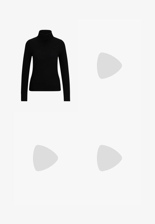 Black turtleneck sweater made of a smooth, stretchable fabric; fitted silhouette, long sleeves, ribbed cuffs, and a high neck.; Black tailored trousers with a straight-leg design, featuring a smooth texture and crisp creases along the front. No visible hardware.; Black leather slingback heels with a pointed toe, featuring a slim heel and a gold-tone accent on the adjustable strap. Smooth texture.; Black leather handbag with a structured design, featuring a cropped shape, top handle, and gold hardware accent. Adjustable shoulder strap included.
