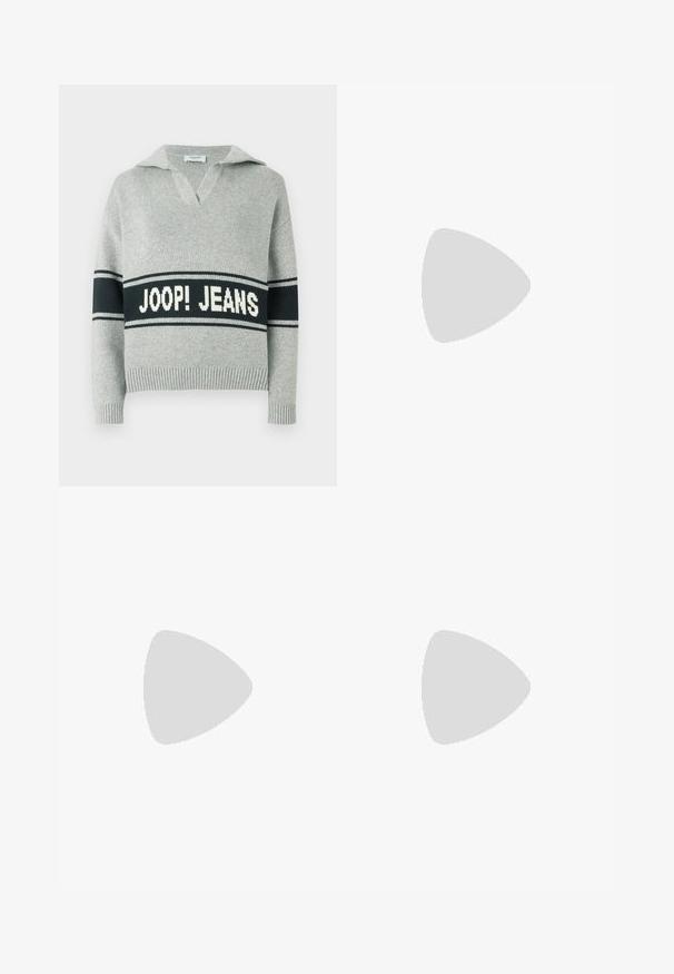 Šviesiai pilkas megztinis iš mezgimo su plačia juoda juosta ir baltu užrašu „JOOP! JEANS“ krūtinės srityje, atvira apykakle bei ribėtomis rankogaliais ir apačia.; Pleated balta sijonas su juodu elastiniu juosmeniu, ant kurio yra "LACOSTE" logotipas. Vidutinio ilgio dizainas su švelnia tekstūra.; Baltos odinės sportbačiai su storu baltu padu, juodu nubuko kulno akcentu ir iškilmingu logotipu šone. Su raišteliais, turinčiais šešis akinius.; Juodos didelės saulės akinių su geometrine forma, turinčiais tamsius objektyvus ir kontrastingą pilką detalę ant rėmelio. Logotipas ant šalon.