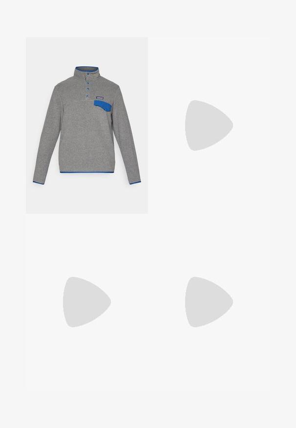 Hallhallane fliisist pullover siniste nööpidega, siniste äärtega krae, rinna peal tasku klapiga ja Patagonia logo tasku kohal.; Lühikeste varrukatega sinine puuvillane T-särk, millel on rinnatasku ja roheline Patagonia logo. Lihtne ümmargune kaeluse disain ja lõdvestunud istuvus.; Tumed hallid püksid, mis on valmistatud vastupidavast kangast, varustatud lukuga tasku, sirge lõikega ja vööaasadega, et sobivust kohandada.; Must have piisii mustriga sünteetiline pealis, pehme tallaga ja kiire lukkusüsteemiga mustad spordijalatsid. Omab tugevdusi varba- ja kannaosas.