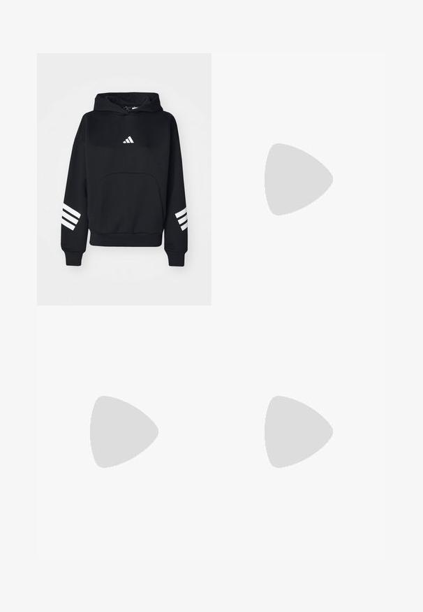 Svart hettegenser laget av cotton, med lomme foran, hvit logo på brystet, og tre hvite striper på hver erme.; Grå crop-top med lange ermer laget av glatt stoff, med rund hals og en subtil logo på venstre bryst.; Sorte treningsleggings med høy midje. Laget av elastisk stoff med en hvit logo detalj på øvre venstre side.; Svarte treningssko med hvite striper, teksturert mesh-overdel og hvit såle. Brukt med rosa leggings, som viser frem treningsklær.