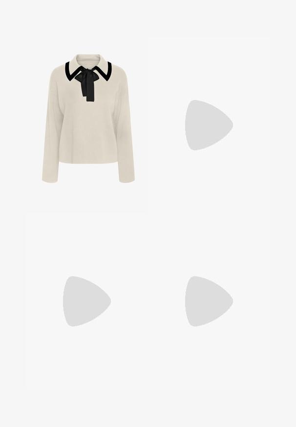 Beige long-sleeve blouse with a black collar and bow detail. Soft texture, relaxed fit, and a cropped length design.; White pinstriped trousers with a straight leg design, made from a lightweight fabric. Features pleats at the front and a traditional waistband.; White pointed-toe slingback heels with a thin ankle strap. Smooth leather material, thin stiletto heel, and a black interior lining.; Yellow faux-crocodile handbag with a structured design, top handle, detachable chain strap, and decorative crystal embellishment on the clasp.