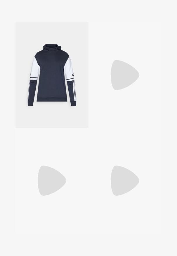 Sweatshirt marine avec des manches blanches, col haut et design à trois rayures sur les bras. Fabriqué en tissu doux, avec une coupe décontractée.; T-shirt de sport blanc à manches courtes, fabriqué en tissu évacuant l'humidité. Présente un logo noir sur la poitrine gauche et un col intérieur à motifs.; Pantalons de sport noirs avec une ceinture élastique, rayures latérales blanches et un petit logo blanc sur la cuisse. Fabriqués dans un matériau lisse et léger.; Baskets de sport noires avec une tige en mesh texturé, des rayures blanches, une semelle rembourrée et un talon renforcé pour le soutien.