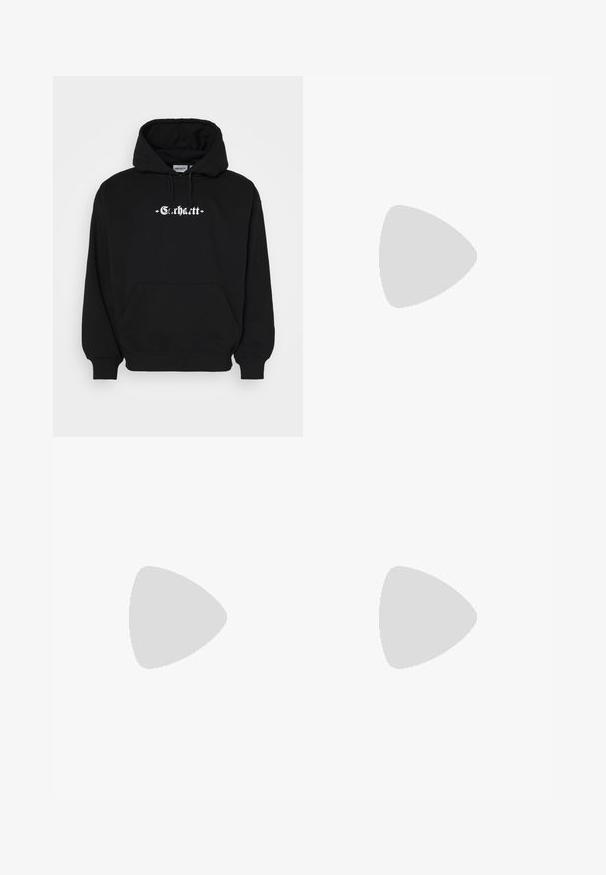 Black hoodie made of cotton with a front pocket, drawstring hood, and white "Carhartt" logo printed across the chest.; Grey tailored trousers with a straight cut, featuring two front pockets, pleats, and a button closure. Made from lightweight fabric.; White leather sneakers with perforated accents, three metallic stripes, and a textured side panel. Worn with white socks featuring blue stripes.; Black crossbody bag with a zippered main compartment, front pocket, adjustable strap, and a visible logo patch on the flap.
