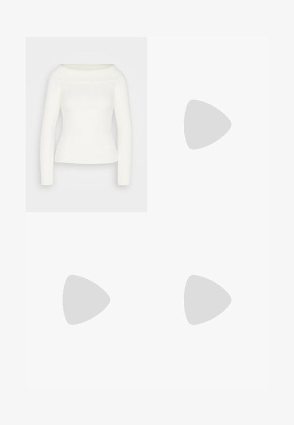 Maglione bianco off-the-shoulder con maniche lunghe, texture a coste e silhouette aderente. Tessuto morbido e accogliente senza motivi o dettagli visibili.; Pantaloni culotte neri in poliestere con una cintura elastica, due pieghe frontali e una silhouette ampia. Nessun motivo visibile o dettagli in metallo.; Scarpe con tacchi alti in vernice nera, con due cinturini con fibbia, punta quadrata e tacco a blocco spesso. Texture liscia con finitura lucida.; Borsa a tracolla nera in pelle con una forma curva, manico rimovibile e accessori dorati. La borsa presenta una patta con un dettaglio a fibbia.