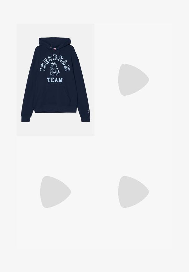 Navy hoodie with a front kangaroo pocket, features “ICECREAM TEAM” text and graphic design of a character in light blue, with drawstrings.; Filippa K TERRY CROPPED TROUSERS - Trousers - sage melange; White sneaker with suede accents, rounded toe, flat laces, and a cream rubber sole. Features green branding on the heel.; Black round sunglasses with dark lenses and slim metal arms. Includes clear temple tips and silver accents at the hinge. Minimalist design.