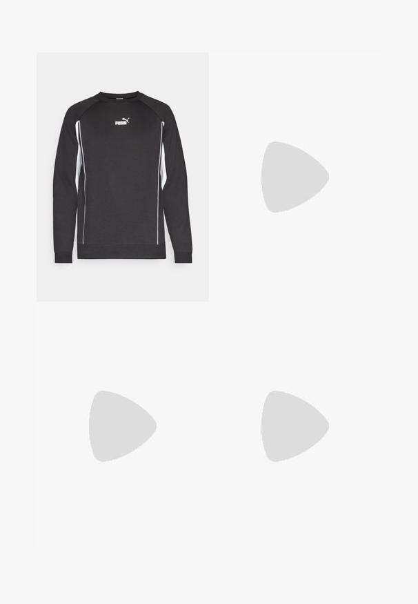 Sweatshirt preto de mangas longas, com detalhes brancos nas laterais e gola redonda. Apresenta um pequeno logo branco da Puma no peito.; T-shirt desportivo preto de mangas curtas feito de tecido leve. Apresenta um decote redondo e um logo "HYROX" impresso com um emblema Puma na frente.; Calções de banho pretos com cintura elástica e cordão. Tecido leve com bolsos laterais. Apresenta um pequeno logótipo na bainha.; Ténis desportivos brancos com parte superior em malha texturizada, acompanhados por meias caneleadas azul claro com um logótipo. Calções desportivos cinza com acabamento perfurado.