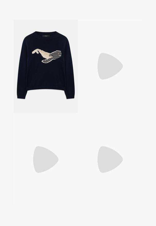 Navy blue knit sweater featuring a cream-colored graphic of a bird. The design includes linear patterns and a ribbed neckline and cuffs.; Navy blue wide-leg pants in cotton with multiple pockets. Features colorful embroidered text and graphics including hearts and playful phrases.; Brown suede loafer with a round toe, featuring a ribbed platform sole and a decorative strap across the upper.; Brown leather handbag with a flap closure, gold-tone hardware, a shoulder strap, and a smooth texture. Compact rectangular shape.