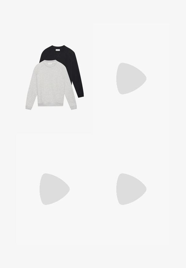 Two long-sleeve crewneck sweatshirts, one light gray layered in front of one black, both with ribbed cuffs and hem.; Light gray, straight-leg pants made of a smooth, woven fabric. Features a front button closure and side pockets. Minimalist style.; Black sneakers with a mix of leather and suede materials, featuring round laces, textured rubber sole, and a brand logo on the side.; Black leather gloves with a smooth texture, five fingers, and subtle stitching details. Classic design, suitable for cold weather use.